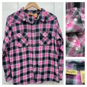 Wrangler western wear pearl snap button long sleeve flannel shirt women's xl